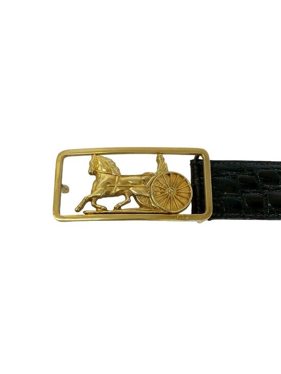 Celine Vintage Horse Carriage Logo Buckle Leather Belt Black